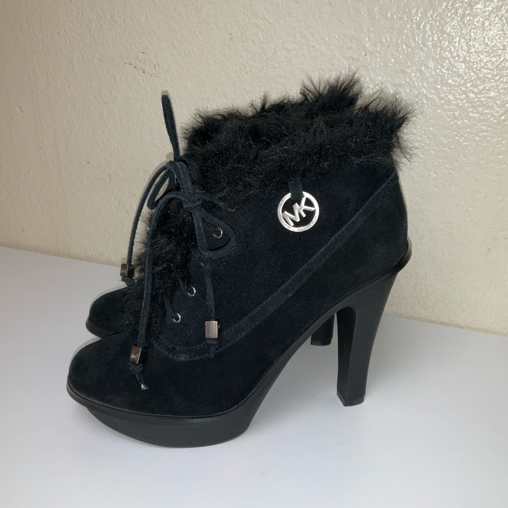 Michael Kors Black Suede Fur-Trim Lace-Up Platform Bootie